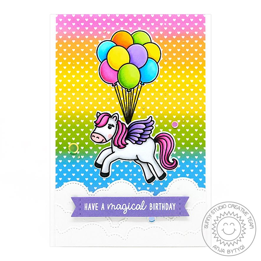 Sunny Studio Stamps Floating By Balloon Bouquet with Pegasus Rainbow Fantasy Fairytale Birthday Card