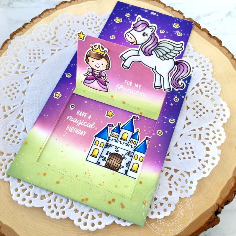Sunny Studio Stamps Enchanted Fairytale Princess, Castle & Pegasus Girl Sliding Window Interactive Pop-up Card by Ashley