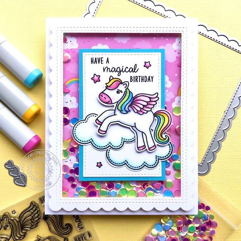 Sunny Studio Stamps Prancing Pegasus Girly Pink Rainbow Print Fairytale Iridescent Shaker Card