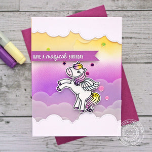 Sunny Studio Stamps Purple & Gold Prancing Pegasus Fairytale Themed Birthday Card with fluffy vellum clouds
