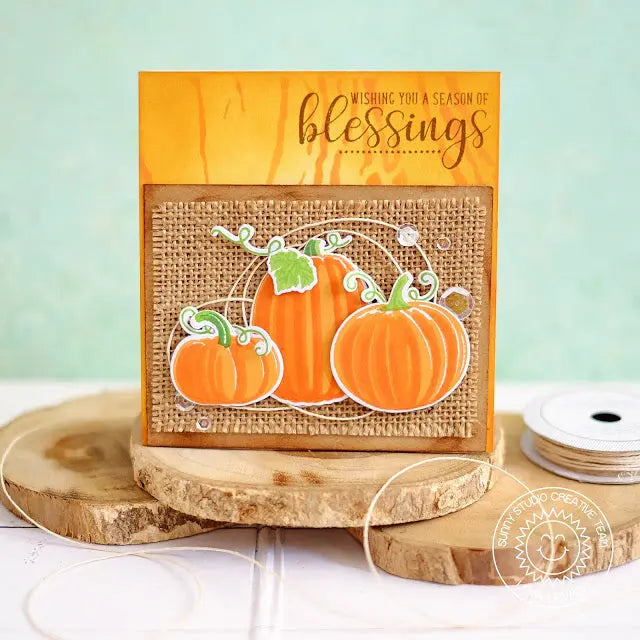 Sunny Studio Stamps Autumn Greeting Season of Blessings Rustic Burlap Fall Pumpkins Card