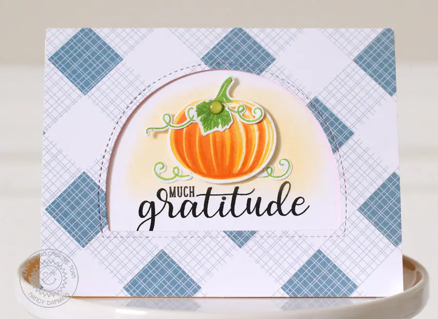 Sunny Studio Stamps Autumn Greetings Much Gratitude arched Window Fall Pumpkin Card