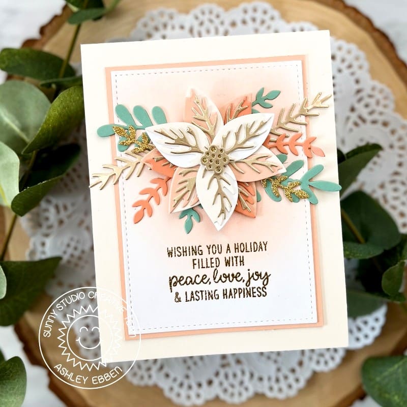 Sunny Studio Stamps Peach Poinsettias Peace, Love & Joy Holiday Christmas Card (using Pristine Poinsettia Metal Cutting Dies)