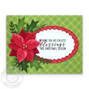 Sunny Studio Stamps Holly & Poinsettia Red & Green Classic Holiday Christmas Card (using Stitched Oval 2 Metal Cutting Dies)
