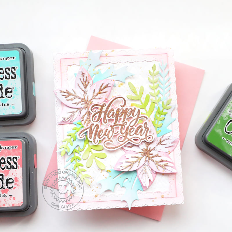 Sunny Studio Stamps Copper & Pale Pink Poinsettias Happy New Year Holiday Card (using Winter Greenery Metal Cutting Dies)