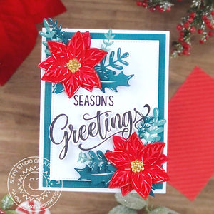 Sunny Studio Stamps Season's Greetings Poinsettia & Holly Holiday Christmas Card using Winter Greenery Metal Cutting Dies