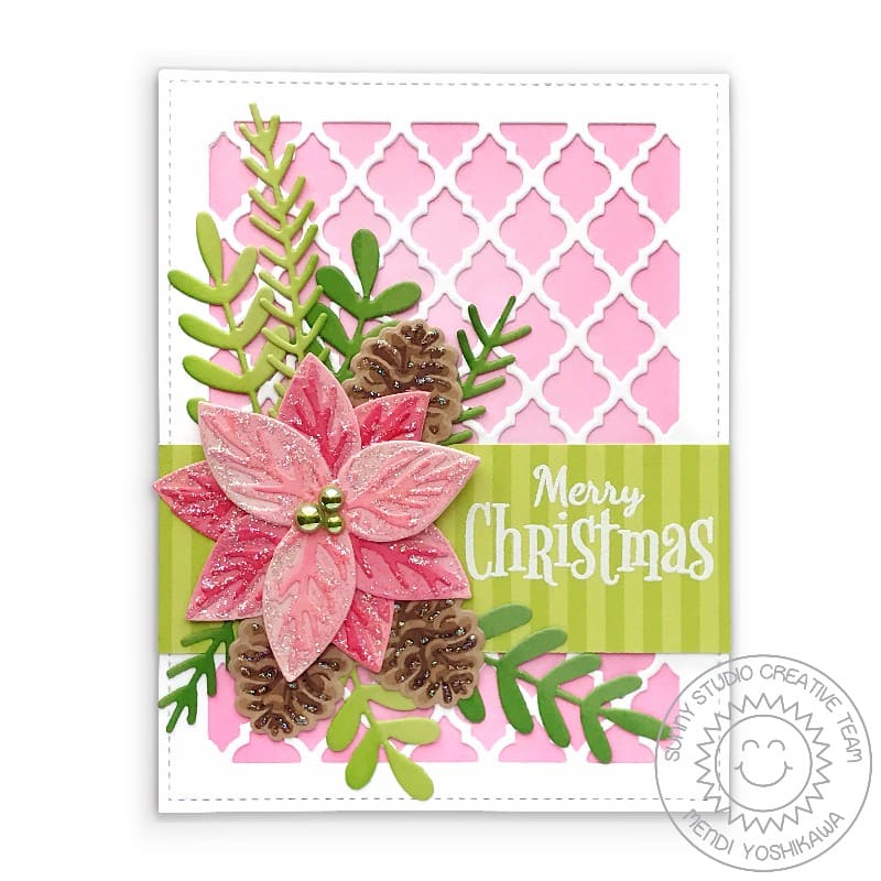 Sunny Studio Stamps Pink Elegant Glitter Poinsettia & Pine Cones Holiday Christmas Card (using Frilly Frames Quatrefoil Metal Cutting Dies)