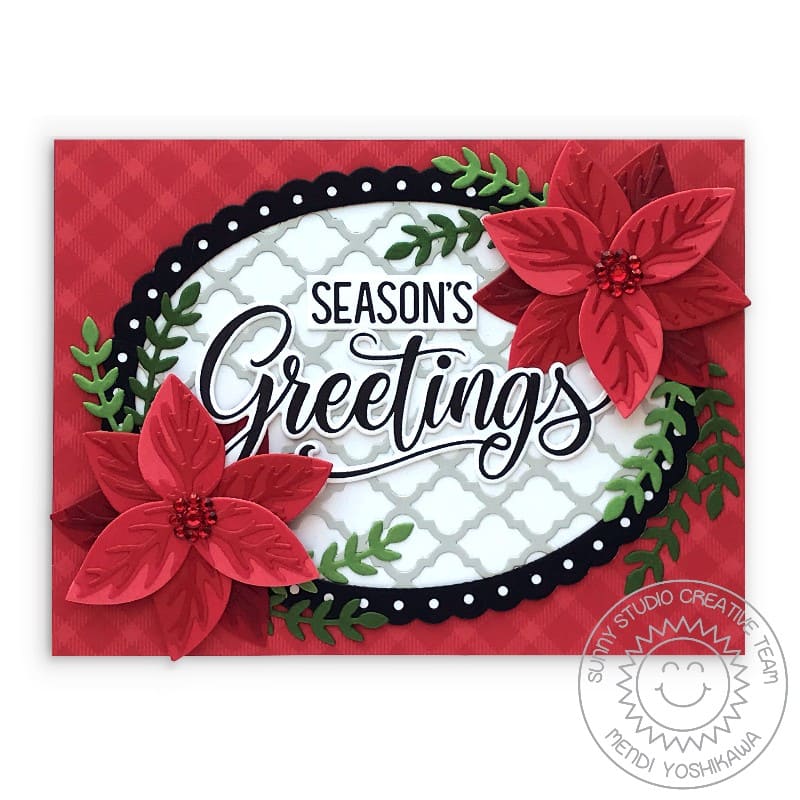 Sunny Studio Stamps Season's Greetings Elegant Red Rhinestone Poinsettia Holiday Christmas Card (using Frilly Frames Quatrefoil Metal Cutting Dies)