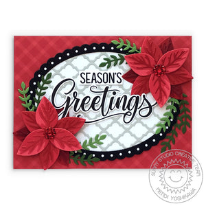Sunny Studio Stamps Season's Greetings Classy Poinsettia Scalloped Oval Christmas Card (using red checked patterned paper from All Is Bright 6x6 Pad Pack)