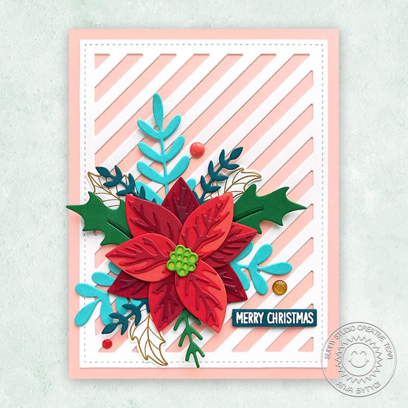Sunny Studio Stamps Poinsettia, Holly & Berries Colorful Holiday Christmas Card (using Winter Greenery Dies)