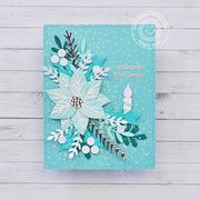 Sunny Studio Stamps Silver & Aqua Glittery Poinsettia, Holly & Berries Holiday Christmas Card using Pristine Poinsettia Dies