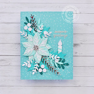 Sunny Studio Stamps Silver & Aqua Glittery Poinsettia, Holly & Berries Holiday Christmas Card using Winter Greenery Dies