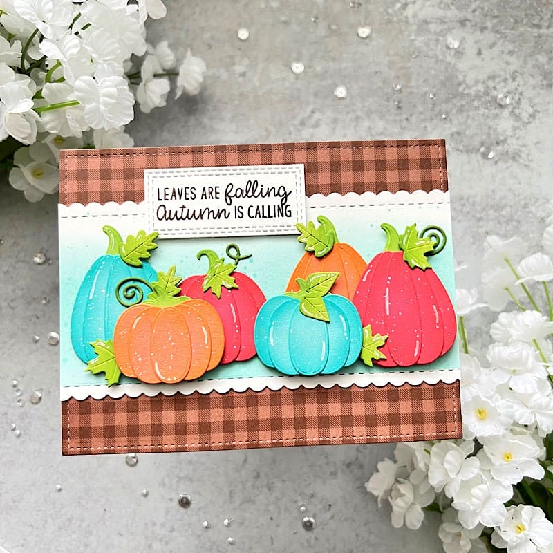 Sunny Studio Leaves Are Falling Autumn Is Calling Layered Pumpkins Brown Gingham Fall Card using Pumpkin Patch Cutting Dies