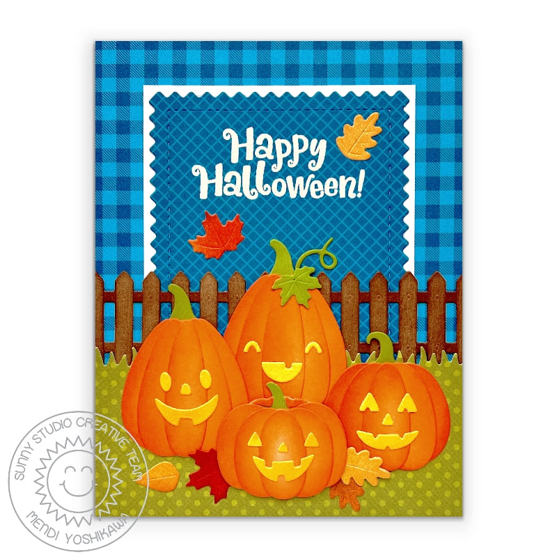 Sunny Studio Jack O'Lantern Pumpkins with Fence & Fall Leaves Halloween Card (using Mini Mat & Tag 4 Zig-Zag Ric-Rac Dies)