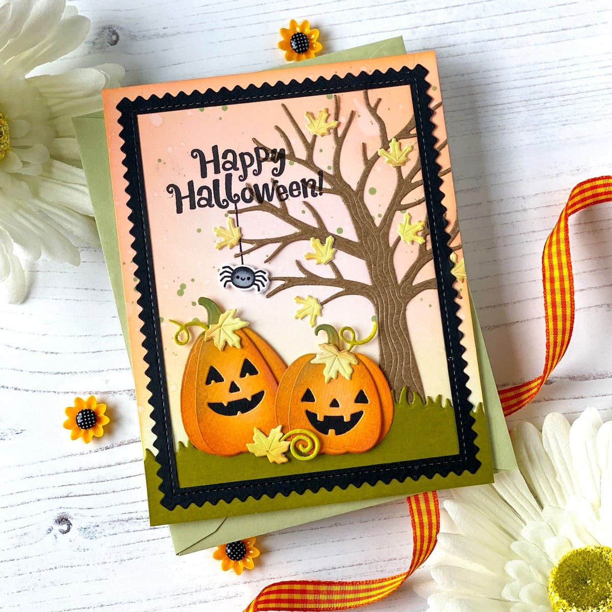 Sunny Studio Stamps Jack O'Lantern Pumpkins With Hanging Spider Halloween Card (using Autumn Tree Metal Cutting Dies)
