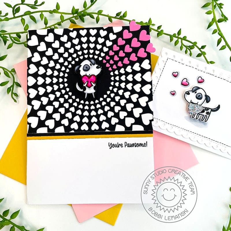 Sunny Studio Hot Pink, Black & White Heart Punny Dog Valentine's Day Card (using Puppy Love 2x3 Clear Stamps)