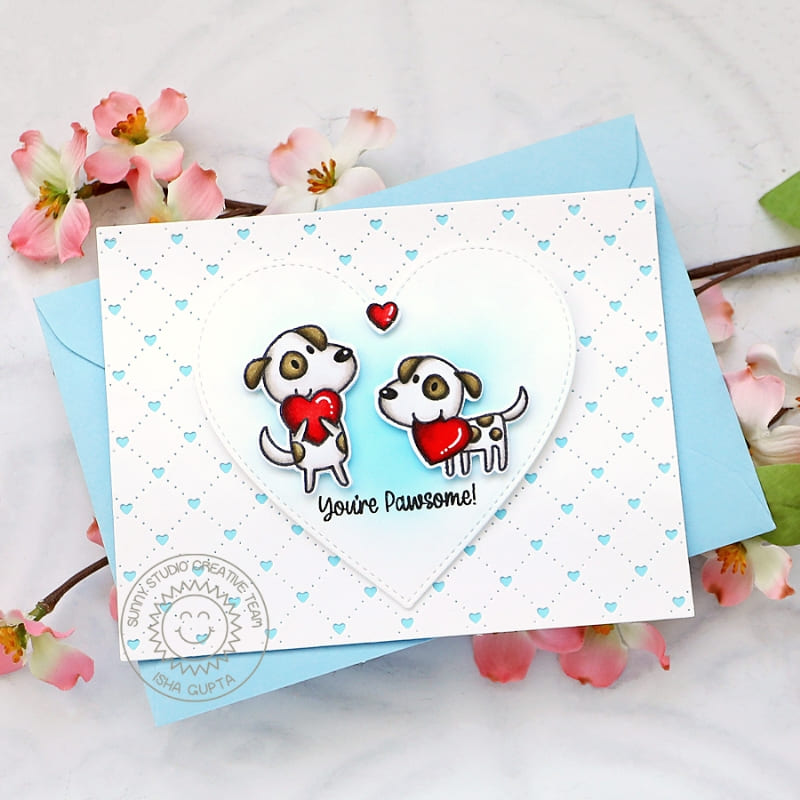 Sunny Studio You're Pawsome Punny Dog Themed Blue Heart Valentine's Day Card (using Quilted Hearts Landscape Die)