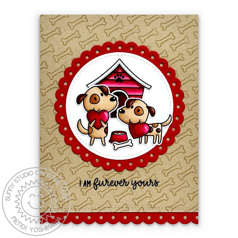Sunny Studio Stamps Furever Yours Punny Dog Valentine's Day Kraft & Red Scalloped Card (using Scalloped Circle Mat 2 Dies)