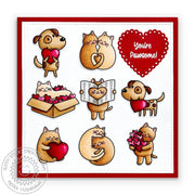 Sunny Studio You're Pawsome Punny Dogs & Cat Square Grid Red Heart Valentine's Day Card (using Puppy Love 2x3 Clear Stamps)