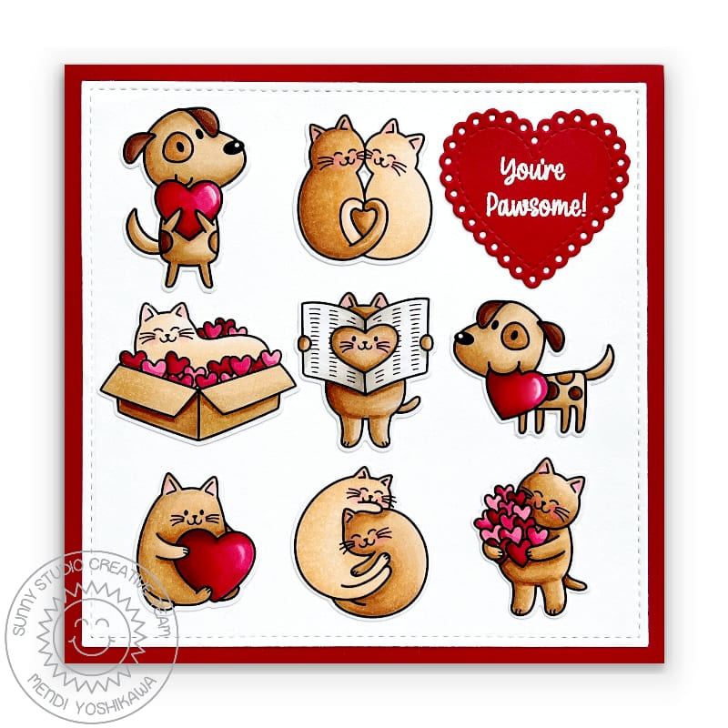 Sunny Studio Stamps You're Pawsome Punny Dogs & Cat Square Grid Red Valentine's Day Card using Scalloped Heart Cutting Dies