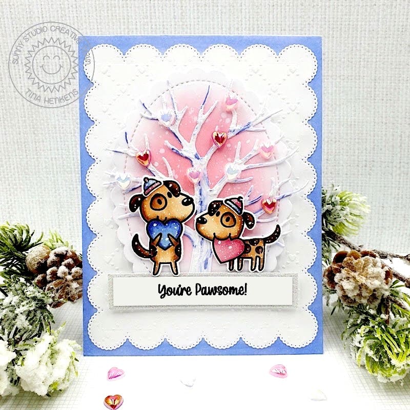 Sunny Studio You're Pawsome Punny Dog Winter Tree Scalloped Valentine's Day Card (using Puppy Love 2x3 Clear Stamps)