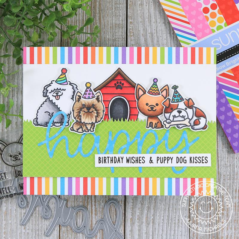 Sunny Studio Stamps Puppy Dog Kisses Rainbow Striped Birthday Card by Juliana Michaels