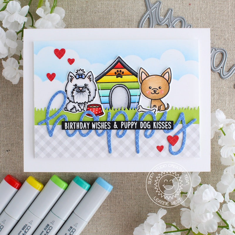 Sunny Studio Stamps Happy Birthday Wishes & Puppy Dog Kisses Card featuring a rainbow dog house