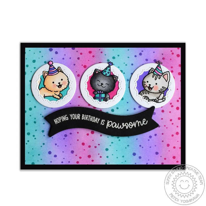 Sunny Studio Rainbow Polka-dot Kitty Cat Birthday Card by Mendi Yoshikawa (using Frosty Flurries 2x3 Background Stamps)