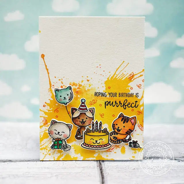 Sunny Studio Stamps Purrfect Birthday Kitty Cat Confetti Explosion Watercolor Splatter Card