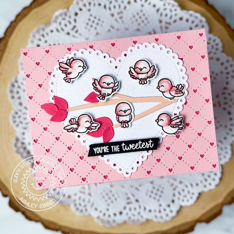 Sunny Studio Stamps You're The Tweetest Punny Bird with Tree Branch Card (using Scalloped Heart Metal Cutting Dies)