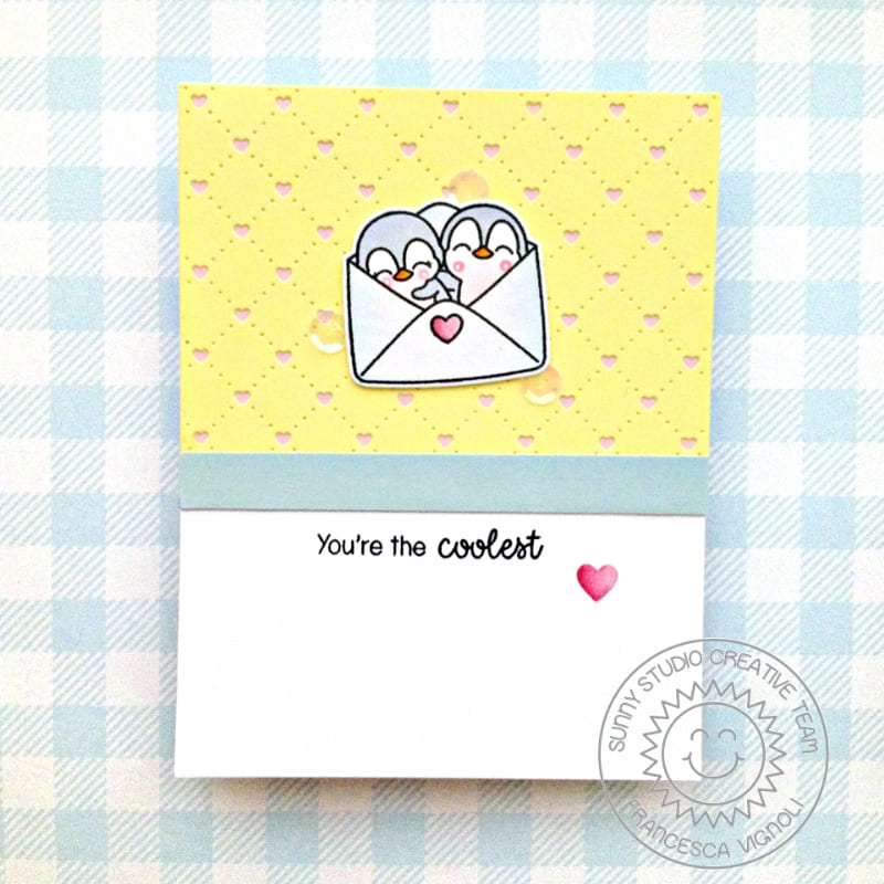 Sunny Studio Stamps You're the Coolest Penguins in Envelope CAS Card (using Quilted Hearts Background Metal Cutting Die)