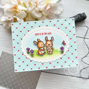 Sunny Studio Stamps Love in the Air Bunny Scalloped Spring Card using Quilted Hearts Landscape Background Metal Cutting Die