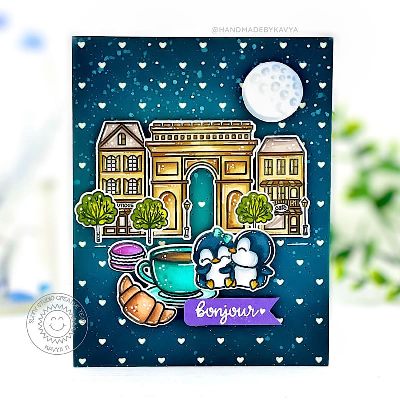 Sunny Studio Bonjour Penguins Moonlit Paris Cafe French Themed Card (using Paris Afternoon 4x6 Clear Stamps)