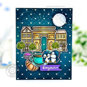 Sunny Studio Bonjour Penguins at Moonlit Paris Cafe French Themed Card (using Passionate Penguins 4x6 Clear Stamps)