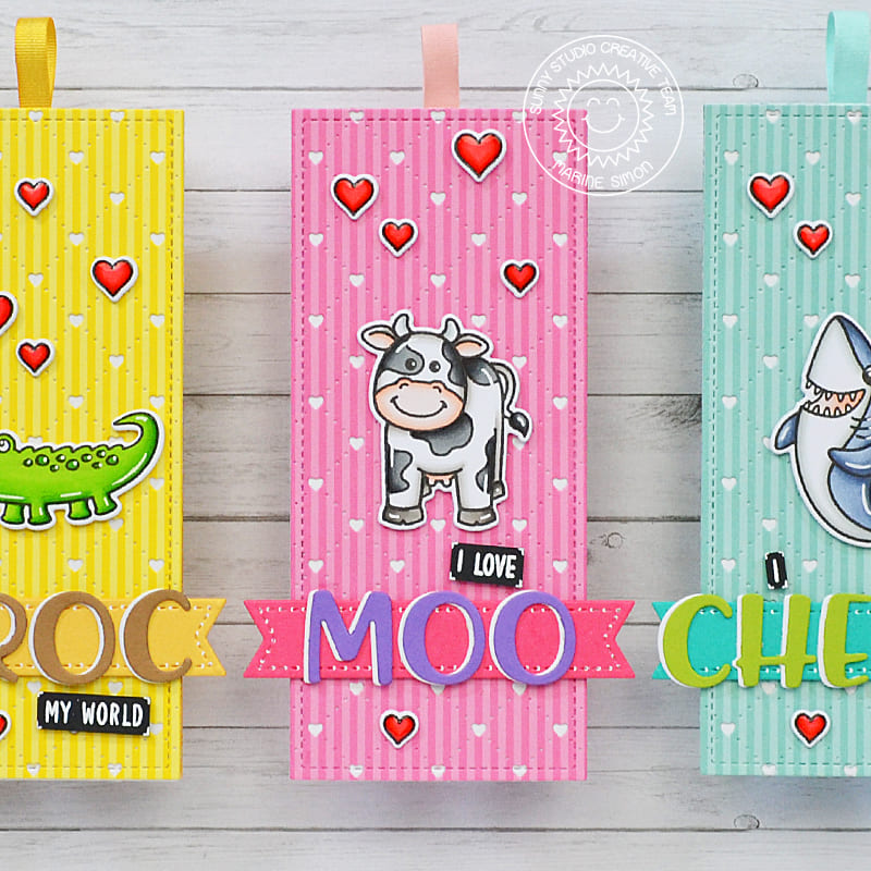 Sunny Studio Punny I Love Moo Valentine's Day Cow Themed Bookmark (using Miss Moo Clear 2x3 Mini Stamps)