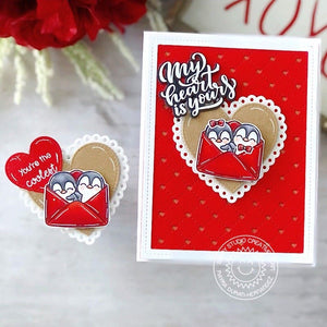 Sunny Studio Stamps My Heart is Yours Penguins in Envelope Red Heart Valentine's Day Card using Quilted Hearts Portrait Die