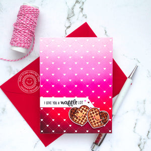 Sunny Studio Stamps Pink & Red Ombre Punny Waffles Valentine's Day Card (using Quilted Hearts Background Cutting Die)