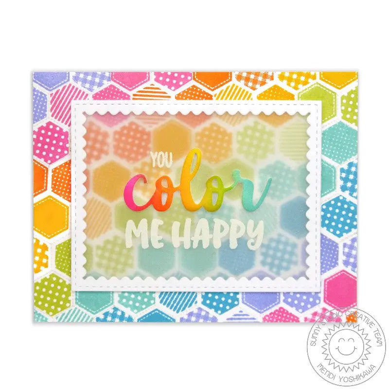 Sunny Studio Stamps You Color Me Happy Rainbow Hexagon Quilt Background Card (using Color Word Metal Cutting Die)