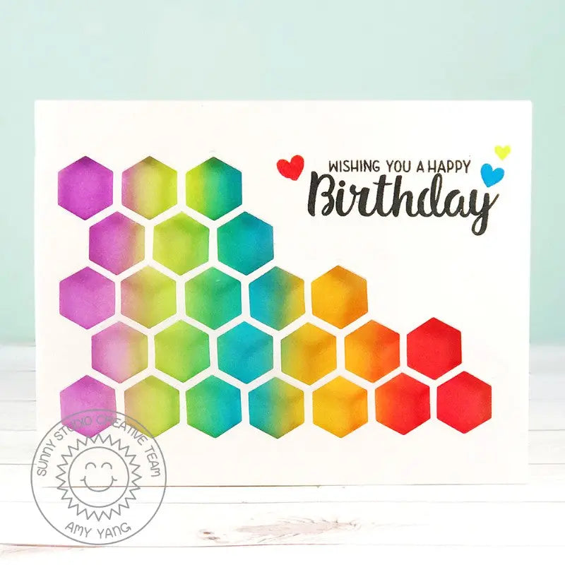 Sunny Studio Stamps Quilted Hexagon Rainbow CAS Die-cut Birthday Card by Amy Yang