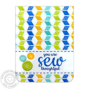 Sunny Studio Stamps Quilted Hexagons Blue, Green & Yellow Sew Thoughtful card