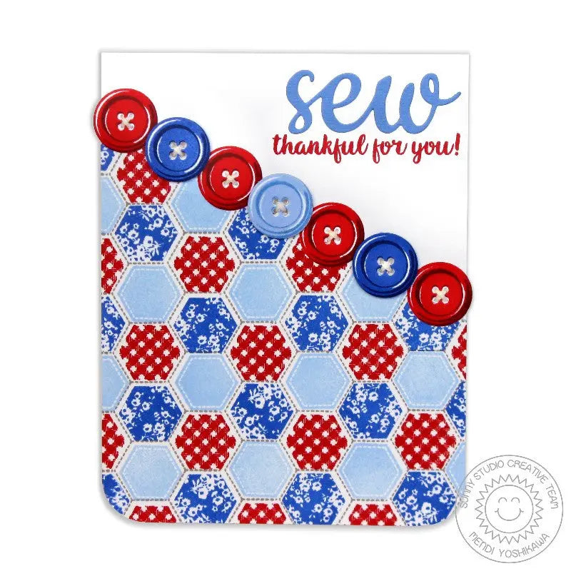 Sunny Studio Stamps Cute As A Button Red, White & Blue Sew Thankful Card