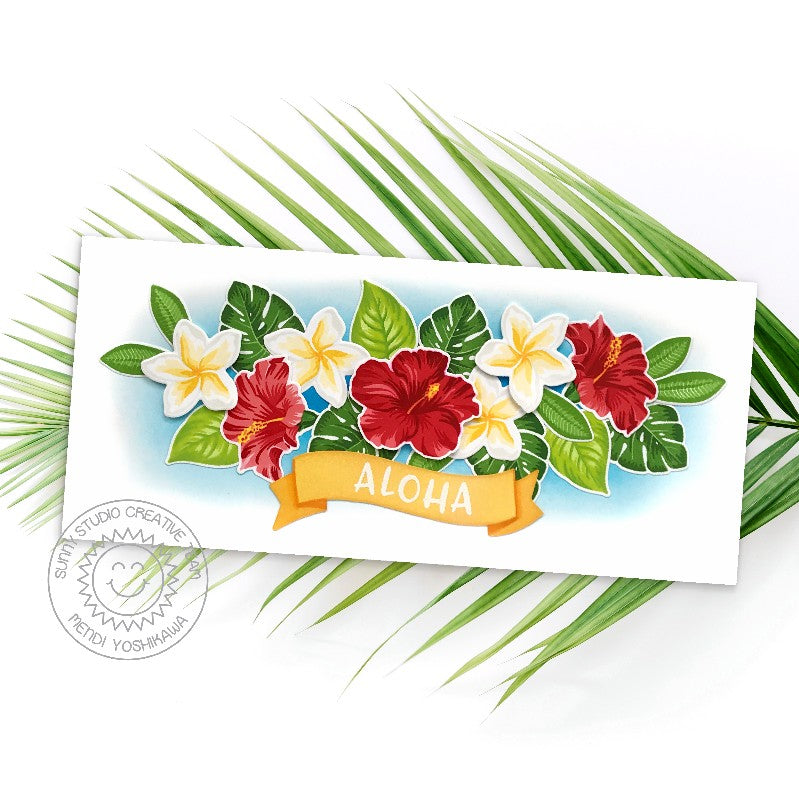Sunny Studio Hibiscus, Plumeria & Tropical Leaves Slimline Thinking of You Aloha Card using Radiant Plumeria 4x6 Clear Stamps