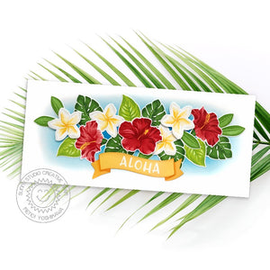 Sunny Studio Aloha Hawaiian Hibiscus & Radiant Plumeria Tropical Flower Slimline Card using Banner Basics 4x6 Clear Stamps