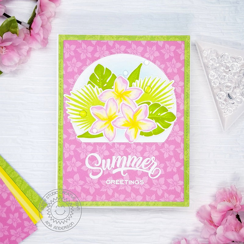 Sunny Studio Stamps Plumeria Tropical Flowers Summer Card with Curved Window using Stitched Semi-Circle Metal Cutting Dies