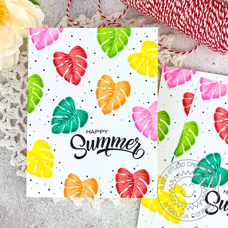 Sunny Studio Happy Summer Rainbow Split Leaf Philodendron Jungle Leaves Card using Radiant Plumeria Clear Layering Stamps