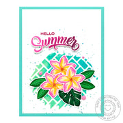Sunny Studio Stamps Hello Summer Radiant Plumeria Tropical Flowers Card using Frilly Frames Herringbone Metal Cutting Dies