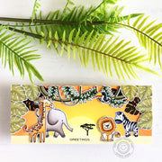 Sunny Studio Tropical Leaves Jungle Themed Zoo Animal Slimline Handmade Card using Radiant Plumeria Clear Photopolymer Stamps