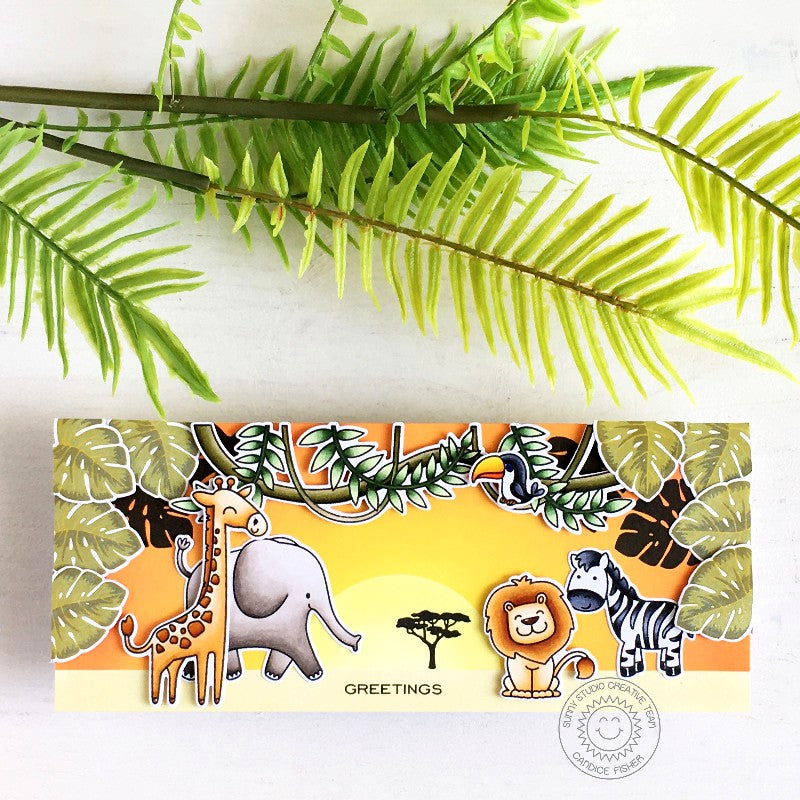 Sunny Studio Zoo Animal Safari Themed Slimline Handmade Card (using Tropical Scenes 4x6 Clear Photopolymer Stamp Set)