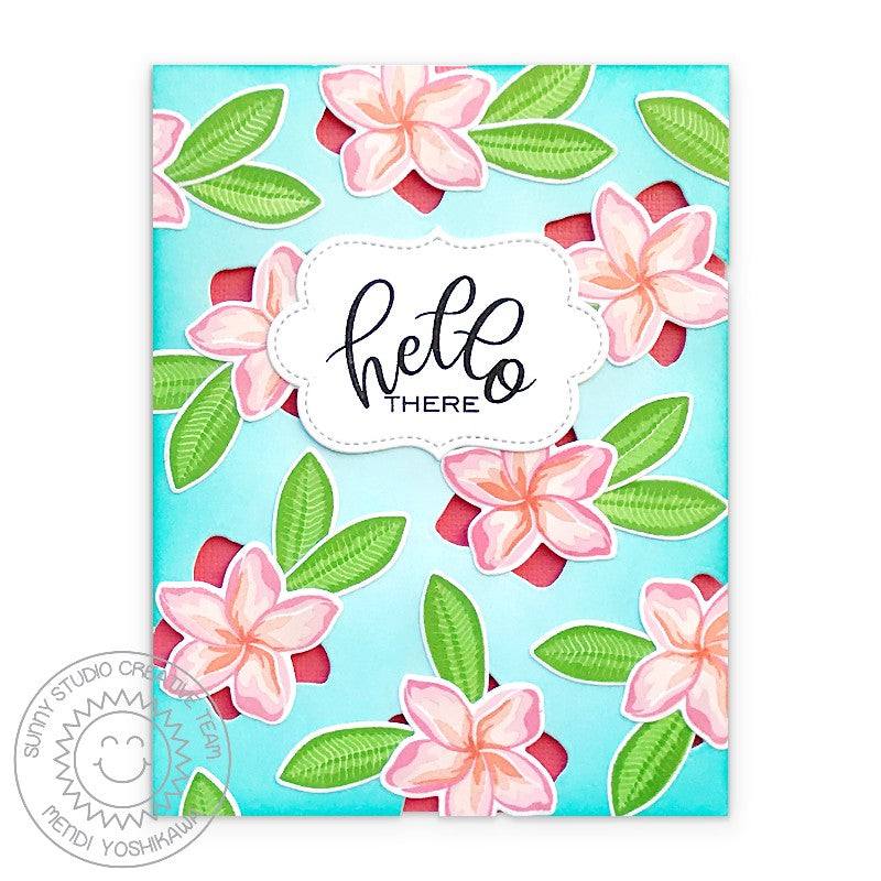 Sunny Studio Hello There Tropical Flower Thinking of You Card using Radiant Plumeria 4x6 Clear Photopolymer Layering Stamps