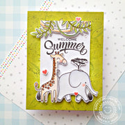 Sunny Studio Welcome Summer Giraffe & Elephant Card with Jungle Leaf Background using Radiant Plumeria Clear Layering Stamps